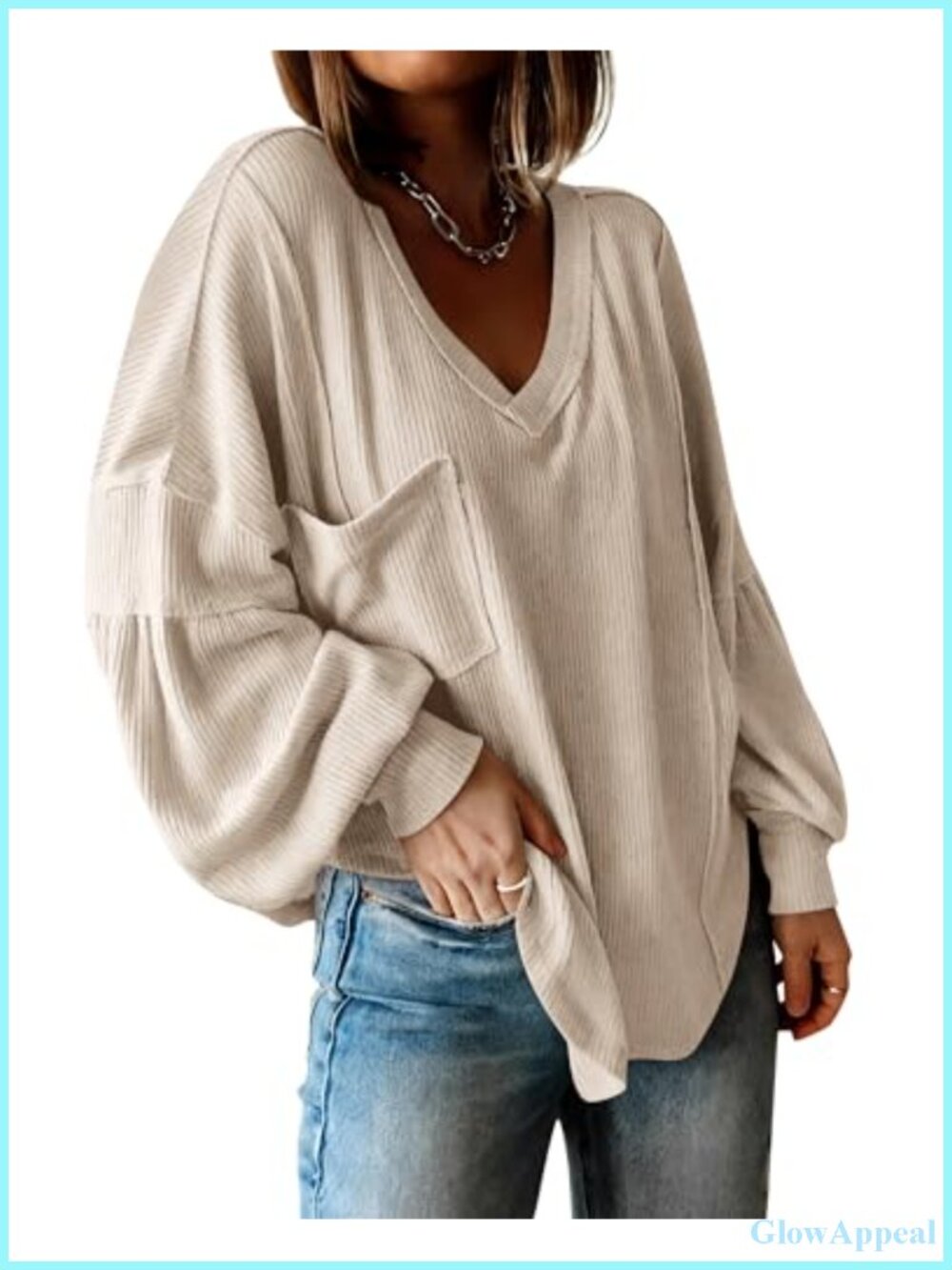 Ribbed Long Sleeve Tunic Top Womens V-Neck Balloon Sleeve Oversized